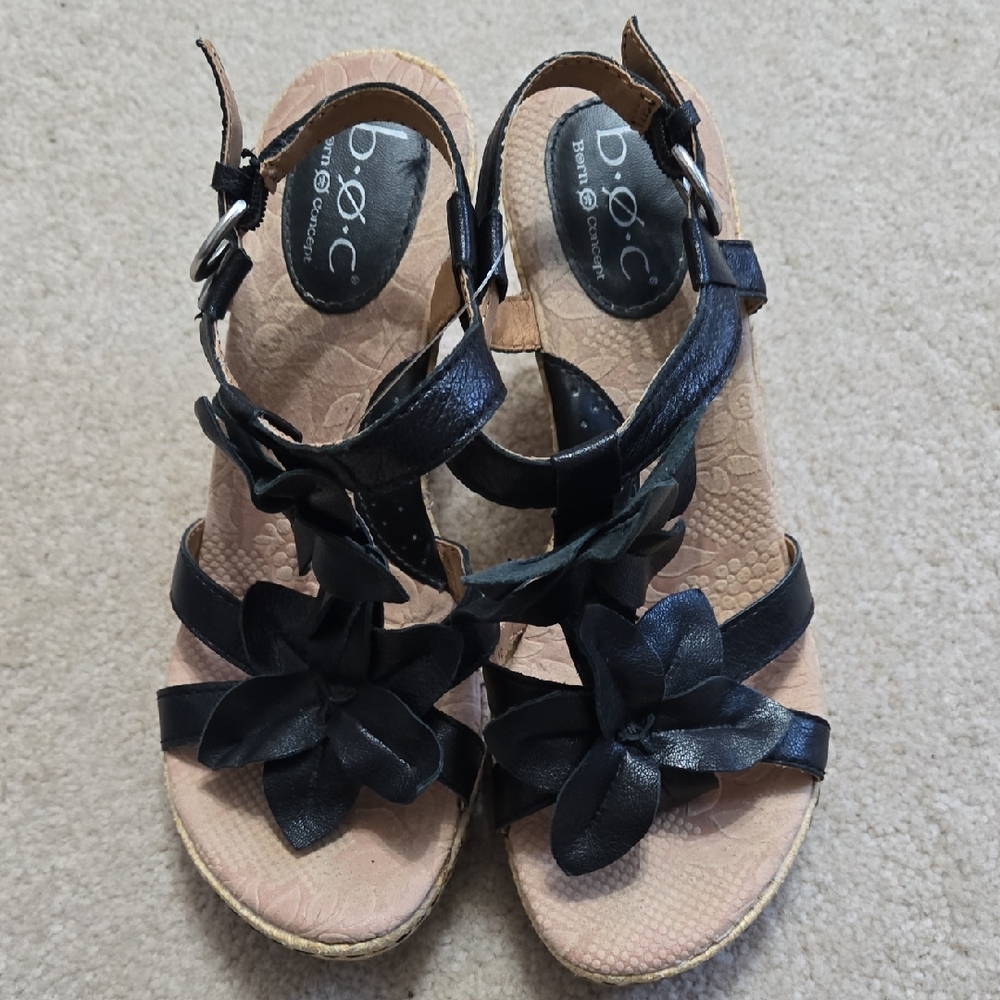 BOC Women's Size 6.5 Black Flower Wedge Heels Born Concepts